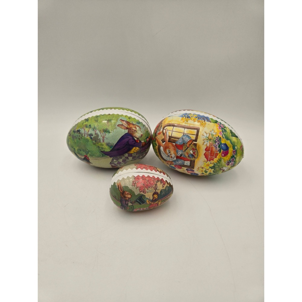 Vintage‎ Nestler Germany Paper Mache Easter Eggs Set of 3 Rabbit Lithograph Tins